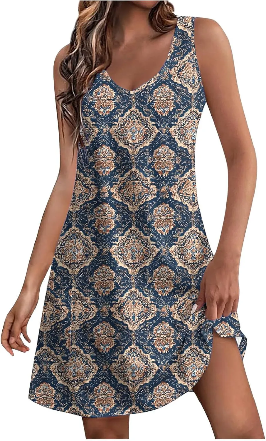 Womens 2025 Summer Sleeveless Sundress Loose Fit Casual Vintage Floral Print Boho Mini Dress V Neck Beach Tank Dress