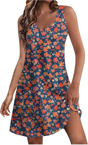 Womens 2025 Summer Sleeveless Sundress Loose Fit Casual Vintage Floral Print Boho Mini Dress V Neck Beach Tank Dress