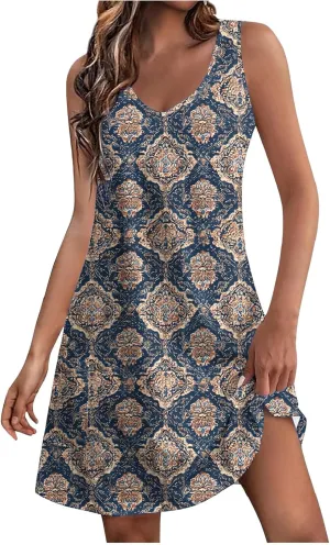 Womens 2025 Summer Sleeveless Sundress Loose Fit Casual Vintage Floral Print Boho Mini Dress V Neck Beach Tank Dress