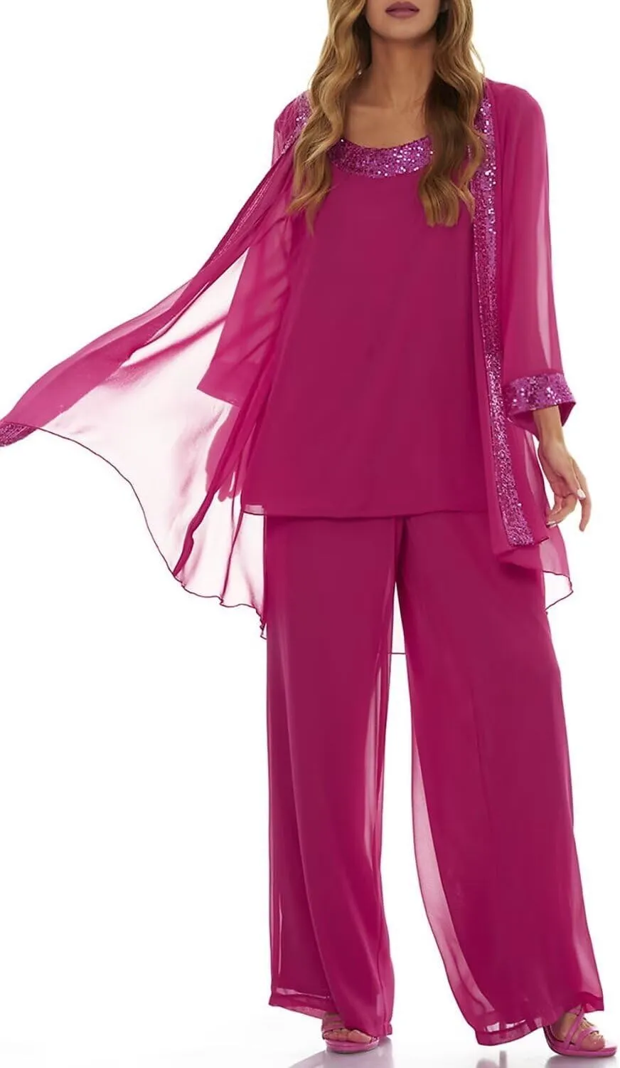 Women's 3 Pieces Mother of The Bride Pant Suits for Wedding Sequin Chiffon Formal Evening Outfit Sets with Jacket