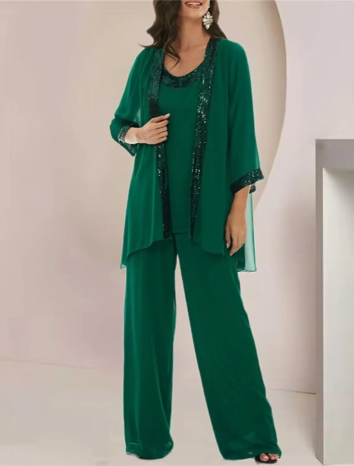 Women's 3 Pieces Mother of The Bride Pant Suits for Wedding Sequin Chiffon Formal Evening Outfit Sets with Jacket