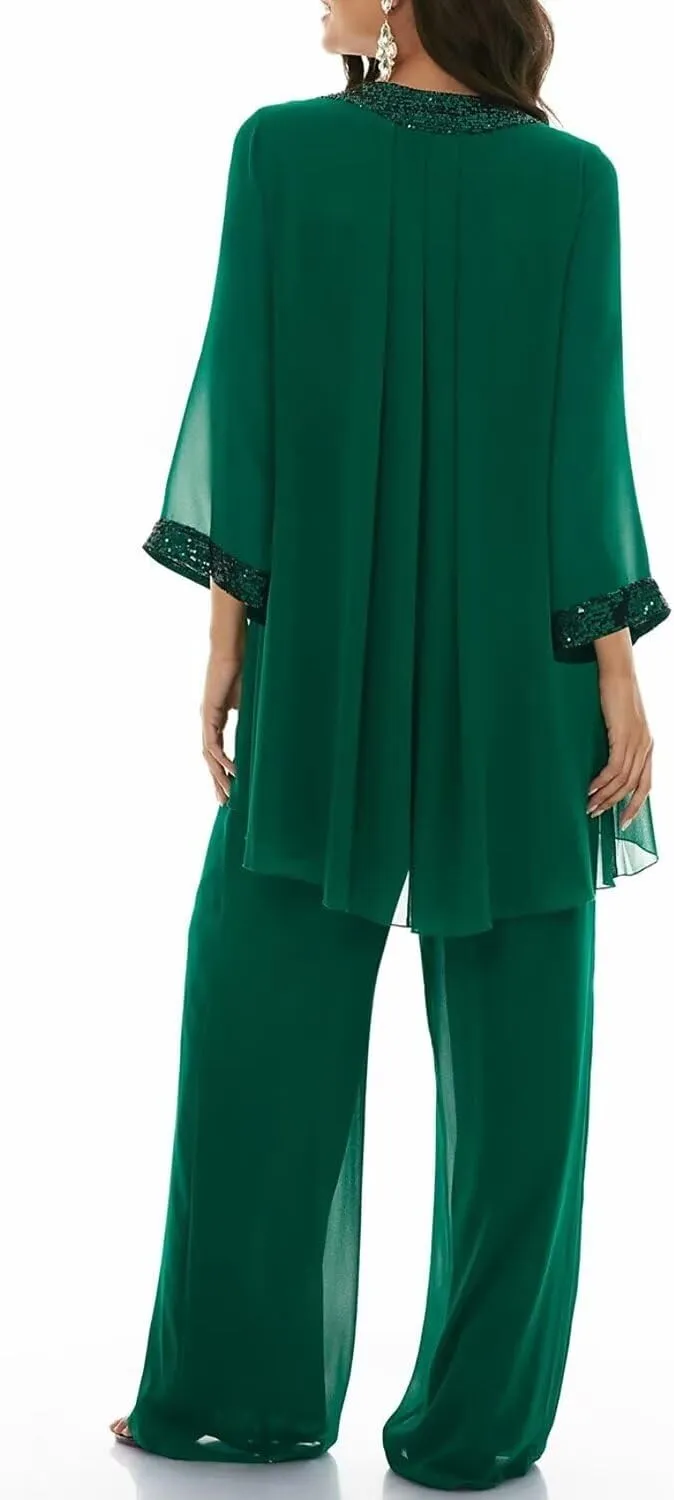Women's 3 Pieces Mother of The Bride Pant Suits for Wedding Sequin Chiffon Formal Evening Outfit Sets with Jacket