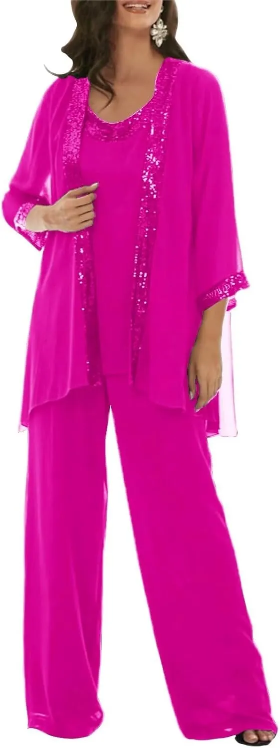 Women's 3 Pieces Mother of The Bride Pant Suits for Wedding Sequin Chiffon Formal Evening Outfit Sets with Jacket