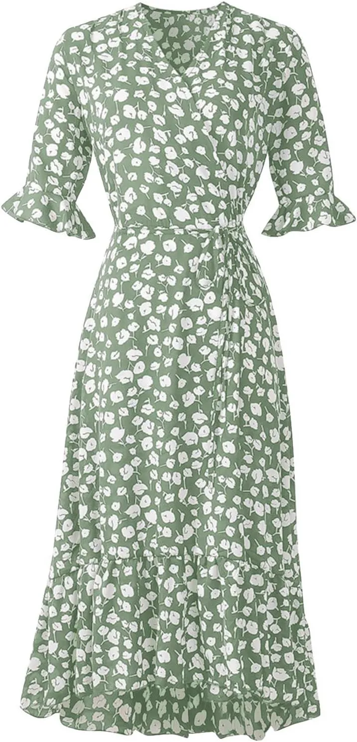 Womens Bohemian Floral Midi Dresses Short Sleeve V Neck Casual Ruffle Dress Side Split Dresses Summer Beach Vacation Outfits