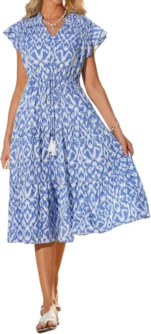 Womens Boho Dresses Summer Flowy V Neck Short Sleeve Midi Dress Casual Tummy Control Pleated Floral Printed Sundress