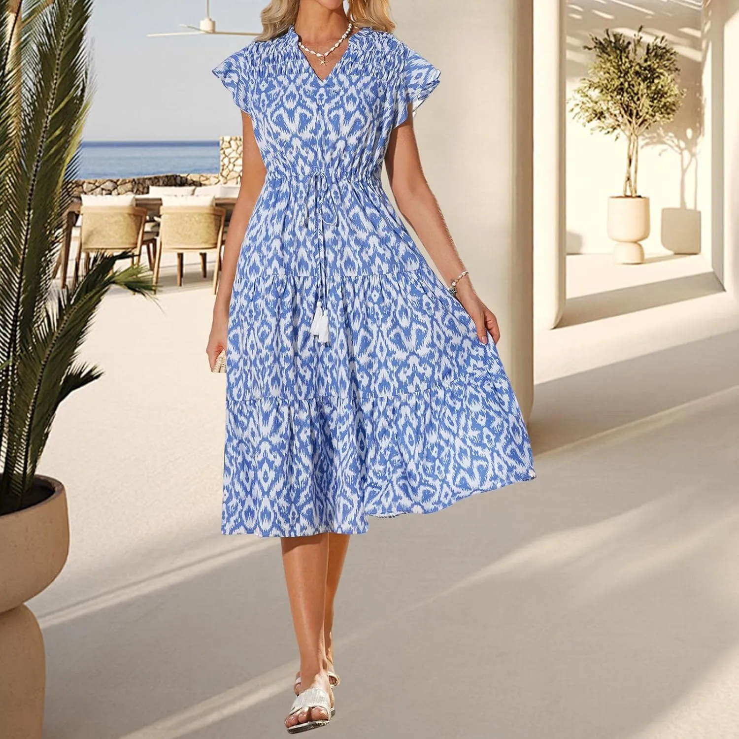Womens Boho Dresses Summer Flowy V Neck Short Sleeve Midi Dress Casual Tummy Control Pleated Floral Printed Sundress
