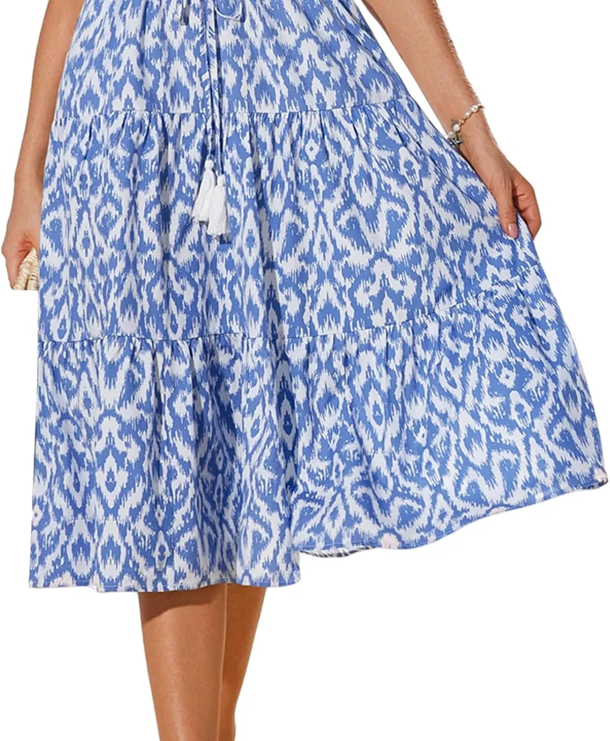 Womens Boho Dresses Summer Flowy V Neck Short Sleeve Midi Dress Casual Tummy Control Pleated Floral Printed Sundress