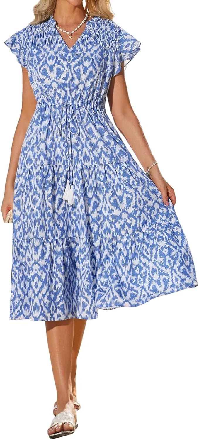 Womens Boho Dresses Summer Flowy V Neck Short Sleeve Midi Dress Casual Tummy Control Pleated Floral Printed Sundress