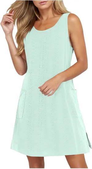Women's Boho Eyelet Pastel Dress Casual U Neck Sleeveless Dress 2025 Summer Spring Beach Vacation Midi Dresses