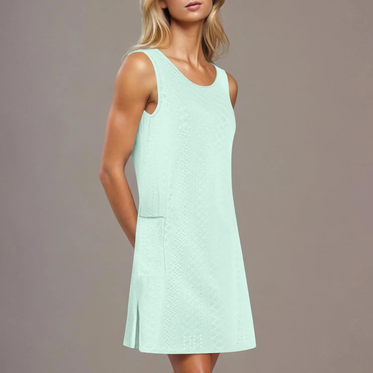 Women's Boho Eyelet Pastel Dress Casual U Neck Sleeveless Dress 2025 Summer Spring Beach Vacation Midi Dresses