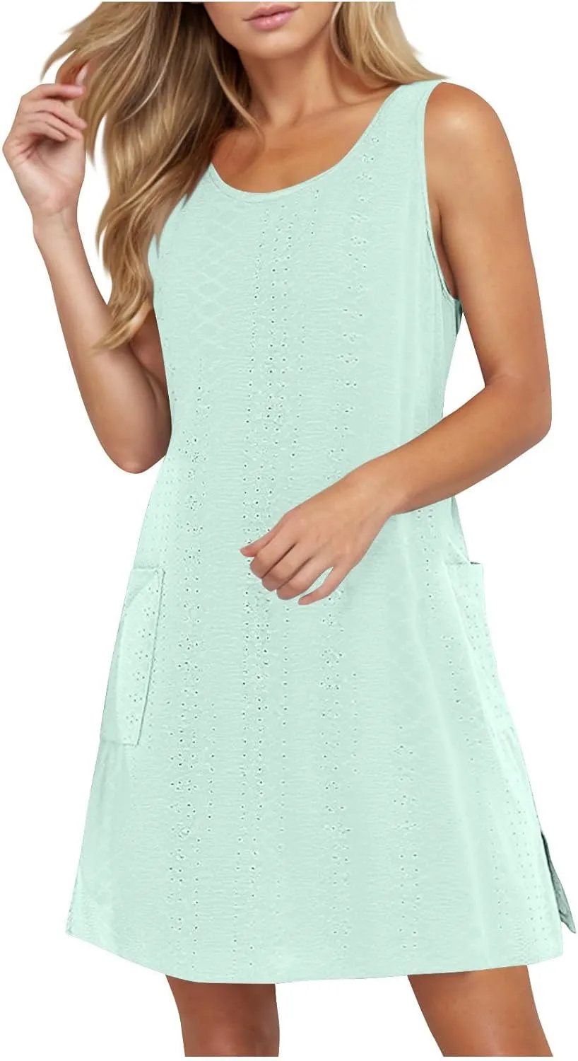 Women's Boho Eyelet Pastel Dress Casual U Neck Sleeveless Dress 2025 Summer Spring Beach Vacation Midi Dresses