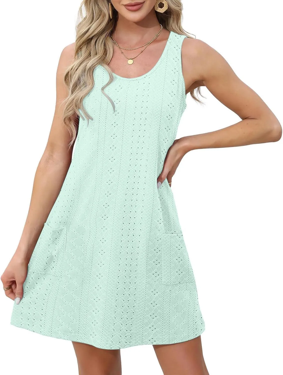 Women's Boho Eyelet Pastel Dress Casual U Neck Sleeveless Dress 2025 Summer Spring Beach Vacation Midi Dresses