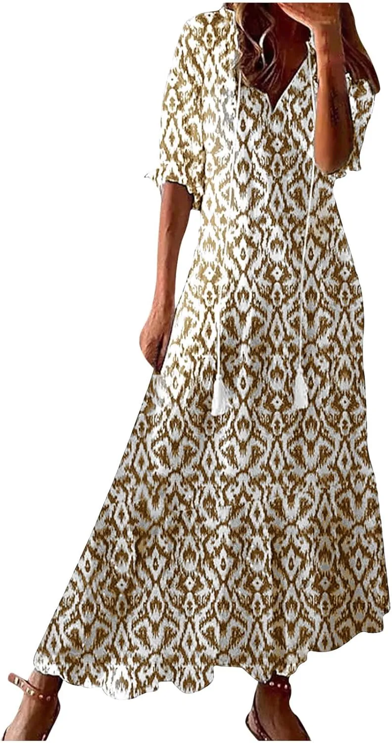 Women's Casual Loose Boho Floral Dresses 2025 Short Sleeve Drawstring V Neck Ruffle A Line Flowy Summer Beach Maxi Dress
