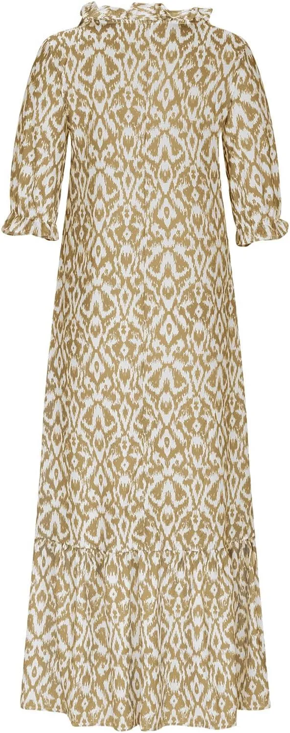 Women's Casual Loose Boho Floral Dresses 2025 Short Sleeve Drawstring V Neck Ruffle A Line Flowy Summer Beach Maxi Dress