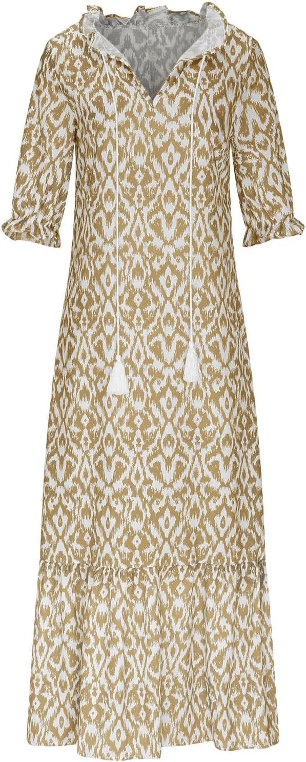 Women's Casual Loose Boho Floral Dresses 2025 Short Sleeve Drawstring V Neck Ruffle A Line Flowy Summer Beach Maxi Dress