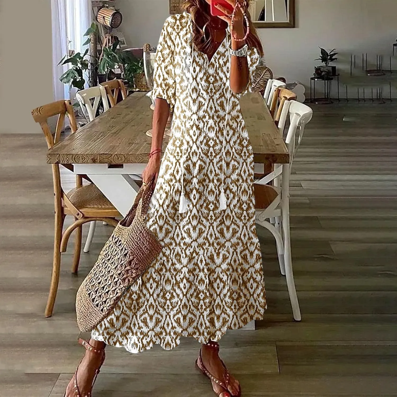 Women's Casual Loose Boho Floral Dresses 2025 Short Sleeve Drawstring V Neck Ruffle A Line Flowy Summer Beach Maxi Dress