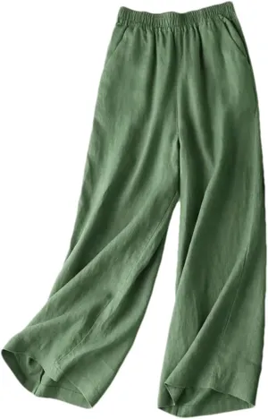 Women's Casual Summer Cotton Linen Wide Leg High Waist Straight Pants in Solid Color Trousers