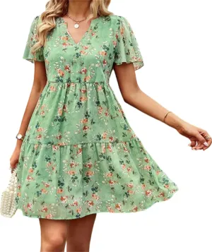 Womens Casual Summer Dresses Elegant Short Sleeve V Neck Cute Dress Floral Ruffle Dress Vacation Beach Boho Dresses