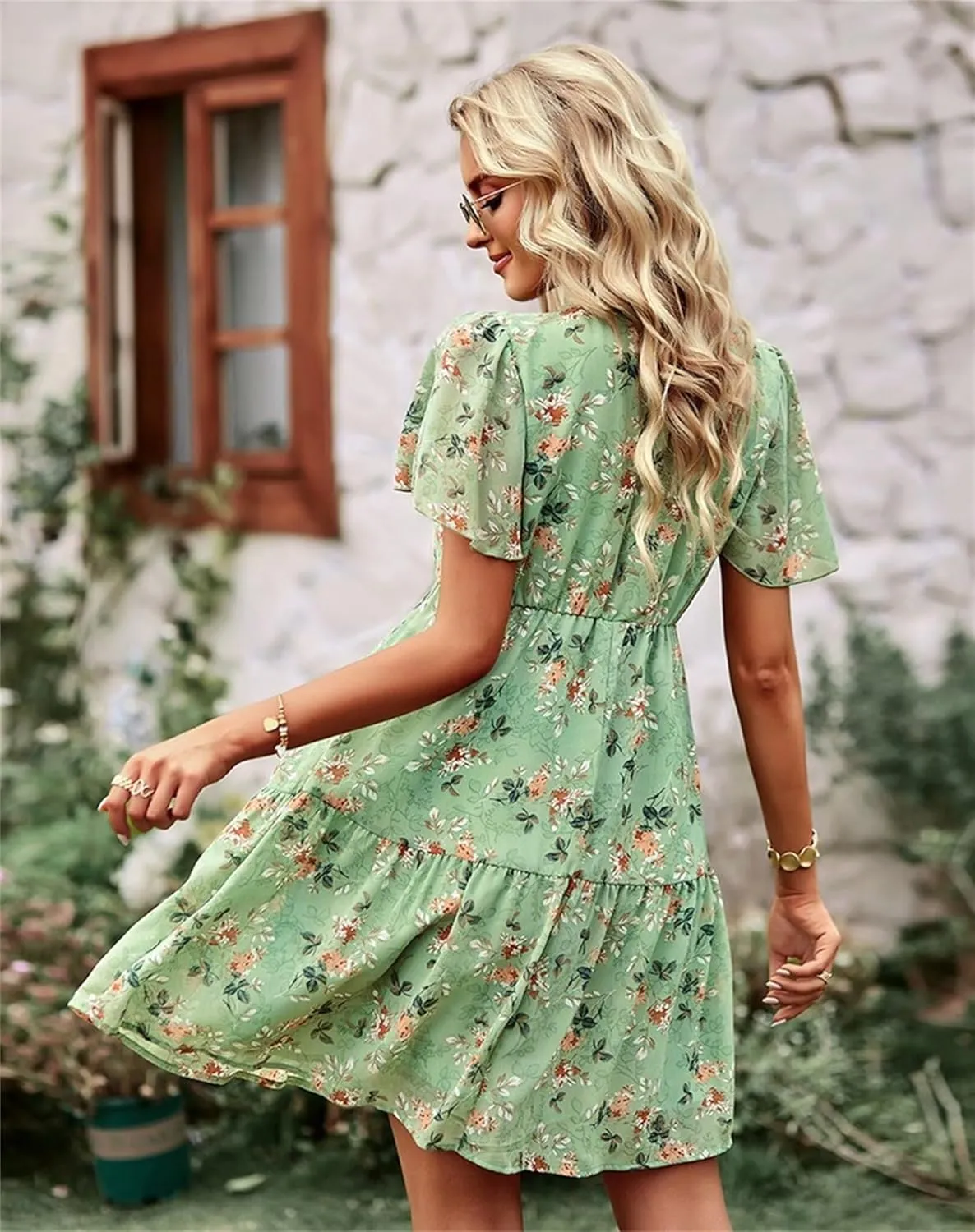 Womens Casual Summer Dresses Elegant Short Sleeve V Neck Cute Dress Floral Ruffle Dress Vacation Beach Boho Dresses