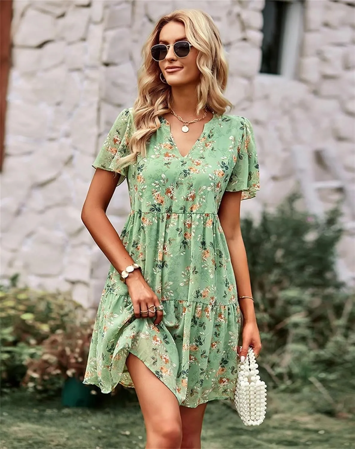 Womens Casual Summer Dresses Elegant Short Sleeve V Neck Cute Dress Floral Ruffle Dress Vacation Beach Boho Dresses