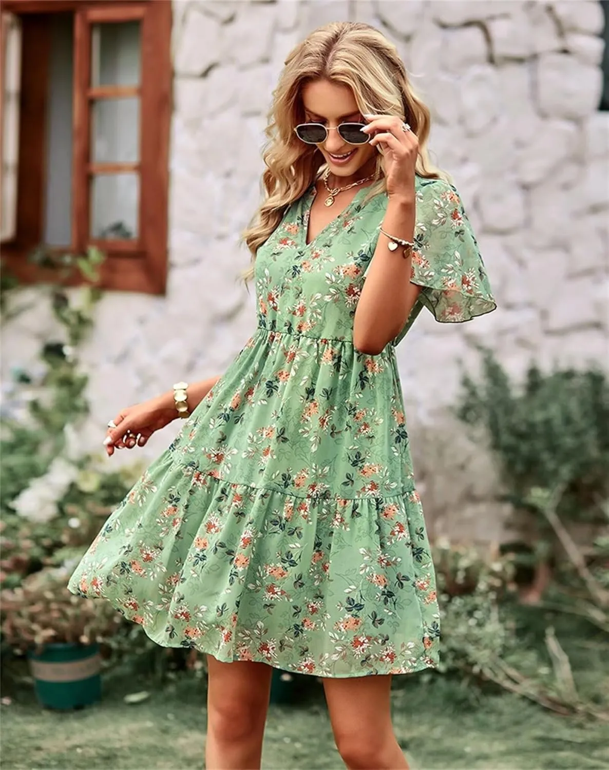 Womens Casual Summer Dresses Elegant Short Sleeve V Neck Cute Dress Floral Ruffle Dress Vacation Beach Boho Dresses
