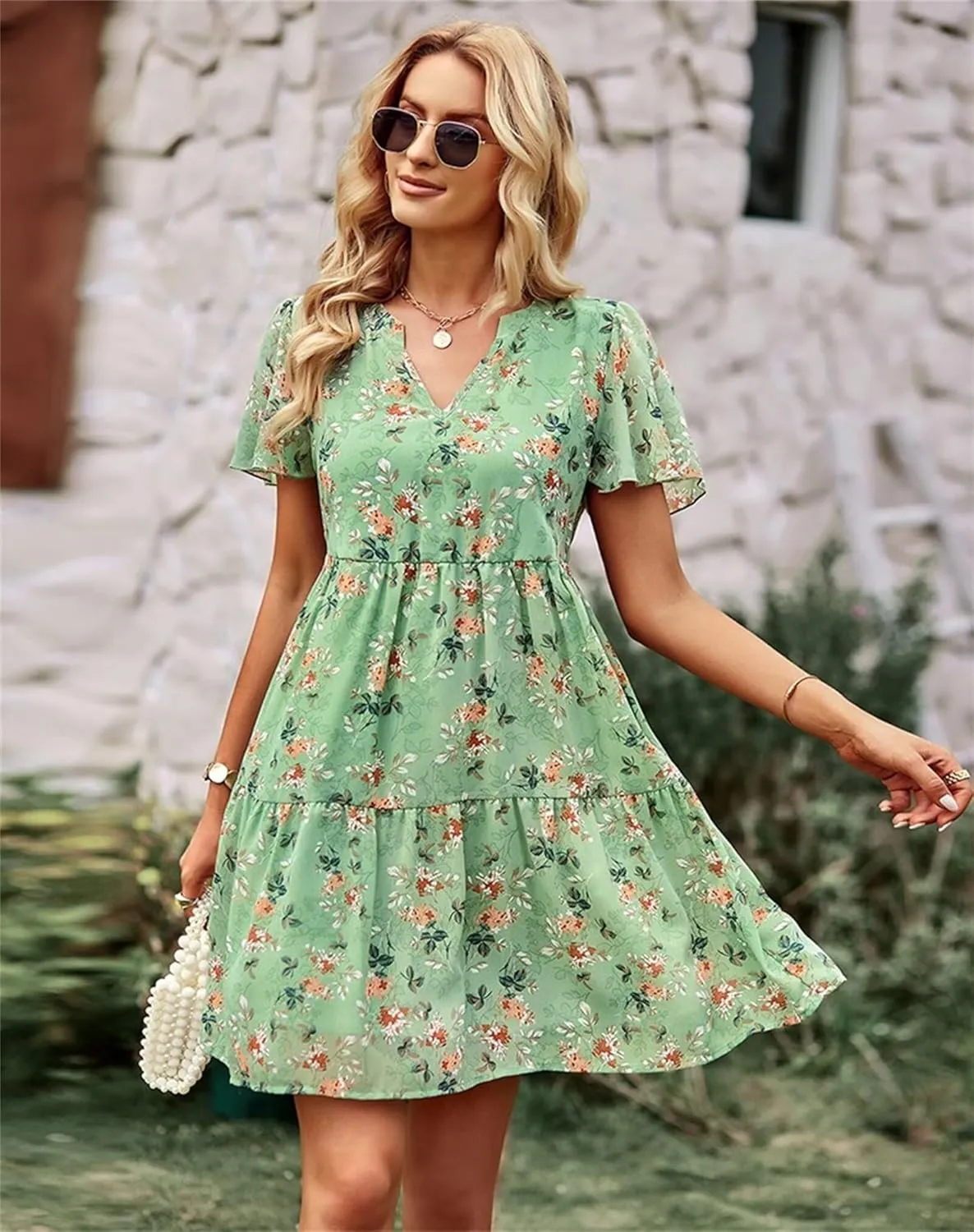 Womens Casual Summer Dresses Elegant Short Sleeve V Neck Cute Dress Floral Ruffle Dress Vacation Beach Boho Dresses