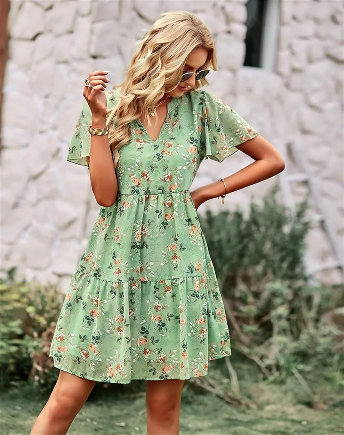 Womens Casual Summer Dresses Elegant Short Sleeve V Neck Cute Dress Floral Ruffle Dress Vacation Beach Boho Dresses