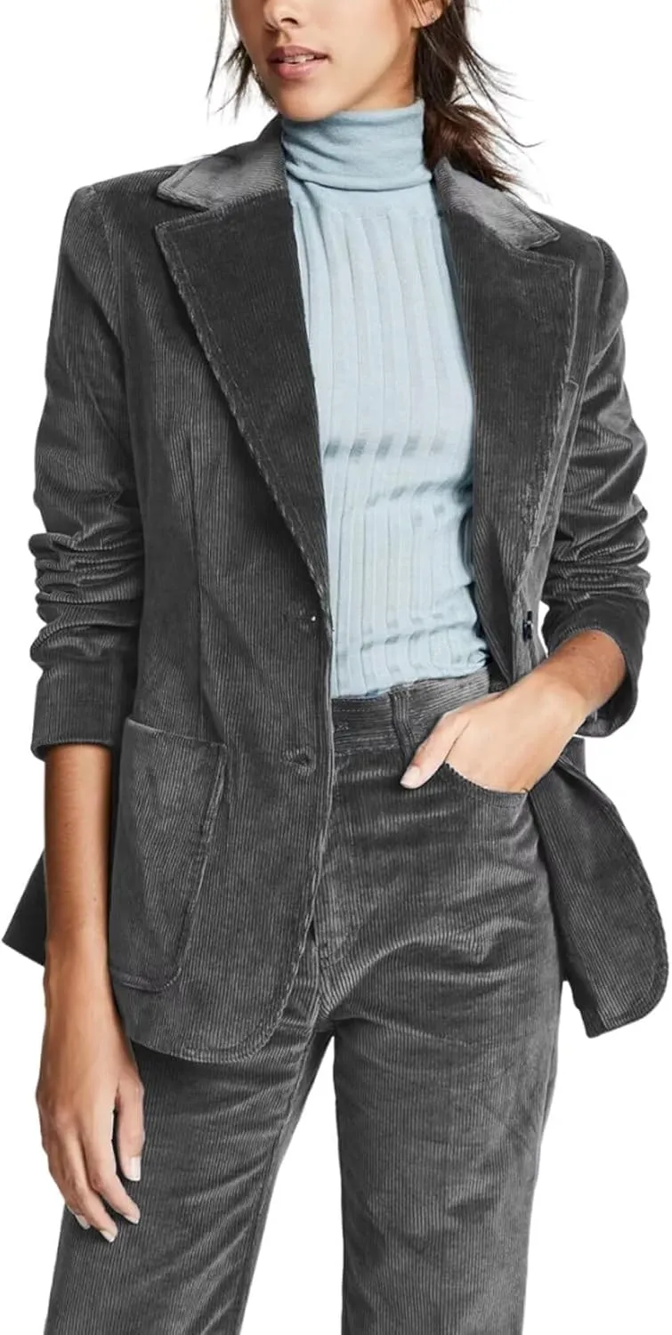 Women's Corduroy 2 Piece Suit Solid Blazer with Pocket Pants Set Outfits