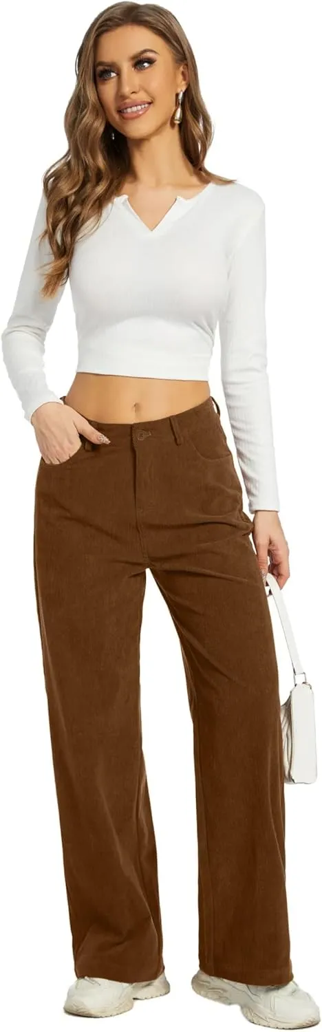 Women's Corduroy Loose Mid Rise Pant Casual Fall Straight Leg Elastic Waist Pants with Pockets