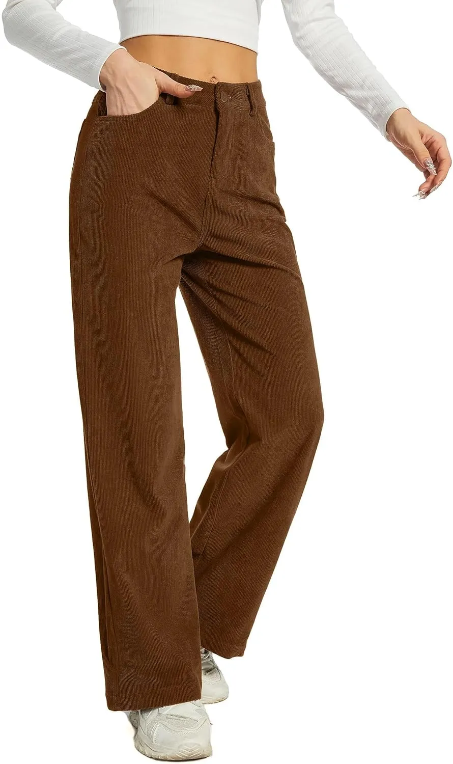 Women's Corduroy Loose Mid Rise Pant Casual Fall Straight Leg Elastic Waist Pants with Pockets