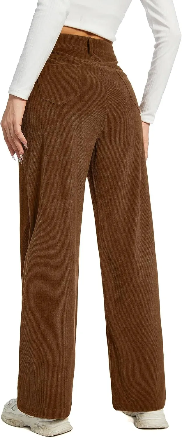 Women's Corduroy Loose Mid Rise Pant Casual Fall Straight Leg Elastic Waist Pants with Pockets