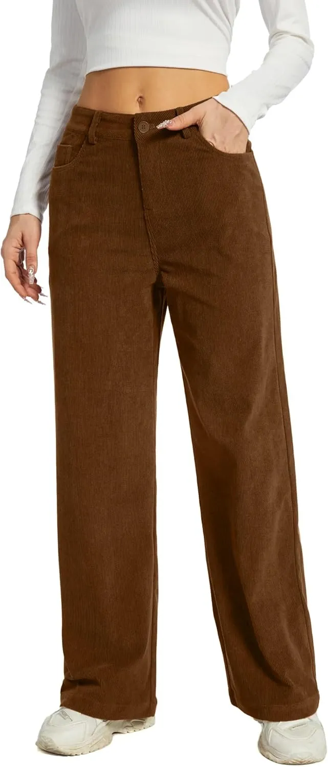 Women's Corduroy Loose Mid Rise Pant Casual Fall Straight Leg Elastic Waist Pants with Pockets