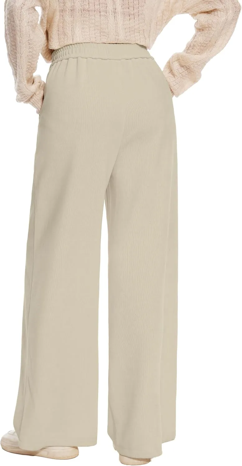 Women's Corduroy Loose Mid Rise Pant Casual Fall Straight Leg Elastic Waist Pants with Pockets