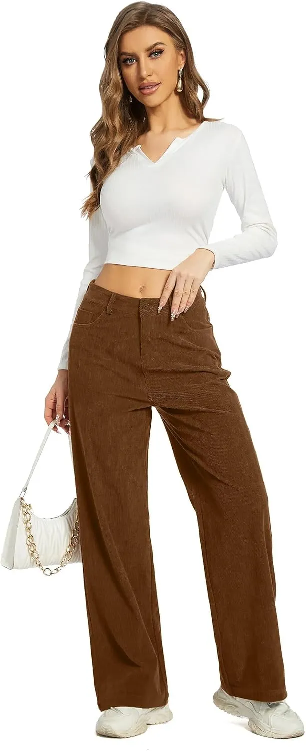 Women's Corduroy Loose Mid Rise Pant Casual Fall Straight Leg Elastic Waist Pants with Pockets