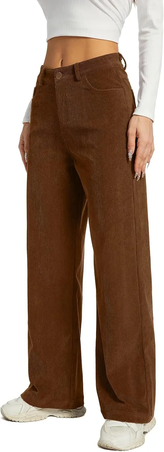 Women's Corduroy Loose Mid Rise Pant Casual Fall Straight Leg Elastic Waist Pants with Pockets