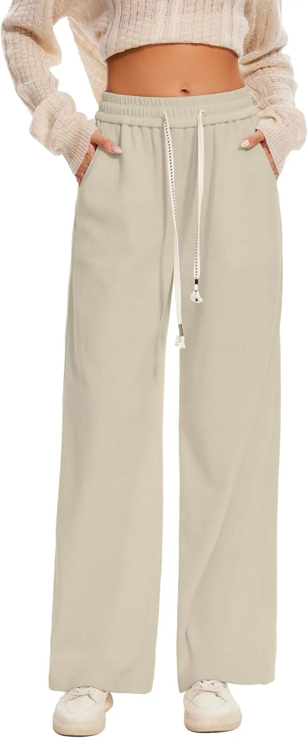 Women's Corduroy Loose Mid Rise Pant Casual Fall Straight Leg Elastic Waist Pants with Pockets