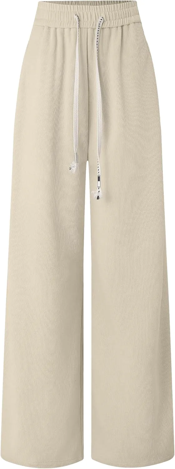 Women's Corduroy Loose Mid Rise Pant Casual Fall Straight Leg Elastic Waist Pants with Pockets