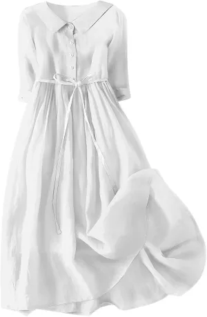Women's Cotton Linen Button Down Shirt Dress Fashion Drawstring 3/4 Sleeve Pleated Dresses Casual Seaside Outfit 2025