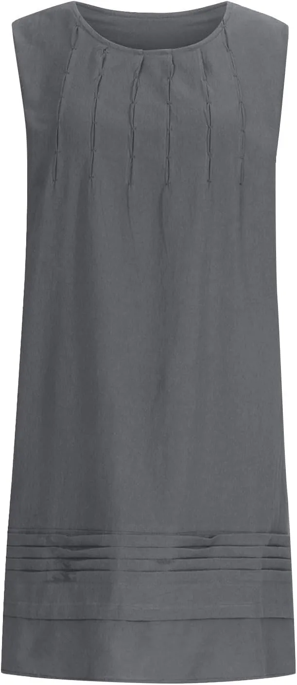 Womens Cotton Linen Casual Dresses Summer Sleeveless Crewneck Pleated Midi Dress 2025 Trendy Loose Beach Sundress
