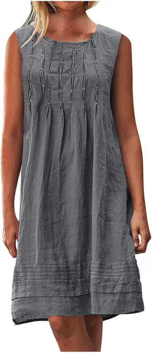 Womens Cotton Linen Casual Dresses Summer Sleeveless Crewneck Pleated Midi Dress 2025 Trendy Loose Beach Sundress