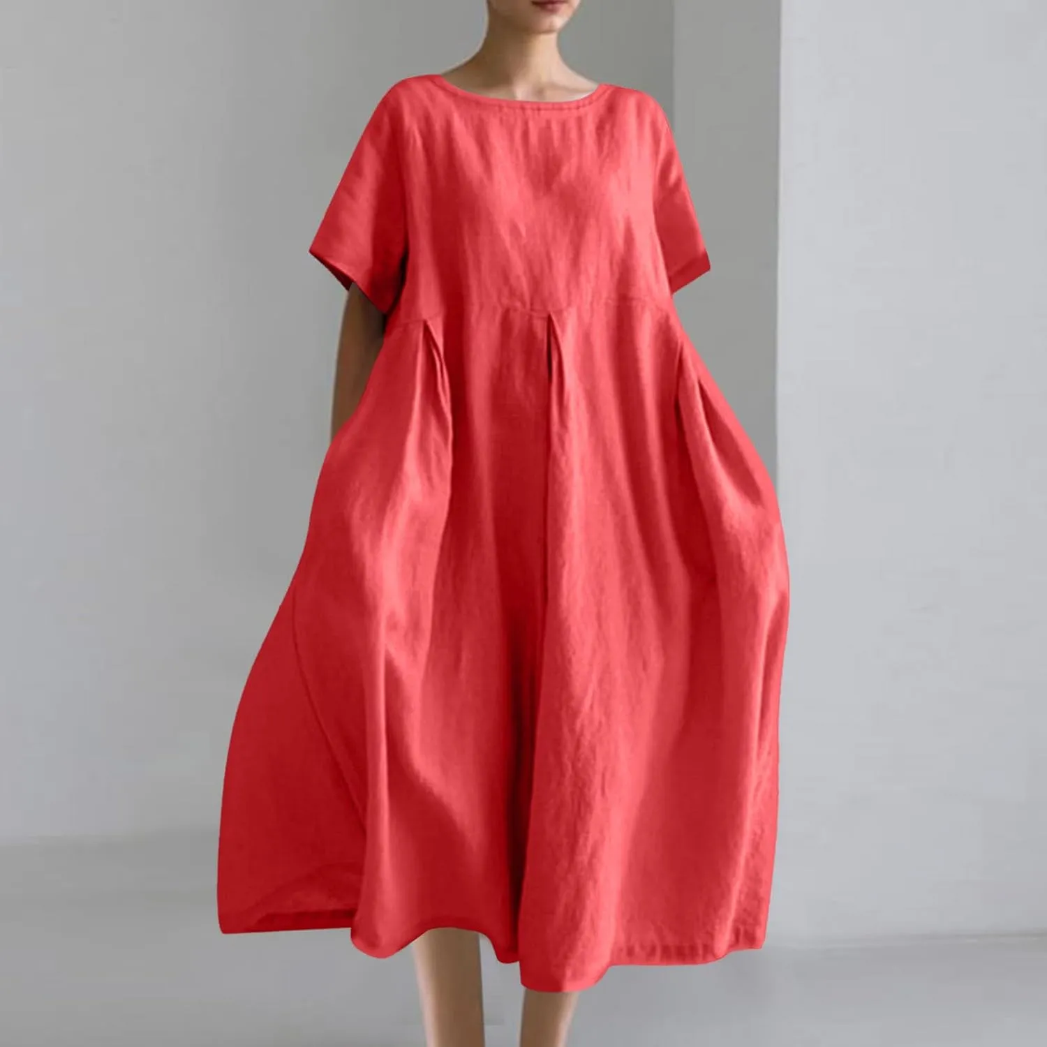 Women's Cotton Linen Maxi Dresses Plus Size Fashion Short Sleeves Crewneck Oversized Shirt Dress Beach Sundress