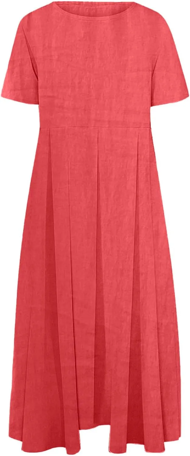 Women's Cotton Linen Maxi Dresses Plus Size Fashion Short Sleeves Crewneck Oversized Shirt Dress Beach Sundress