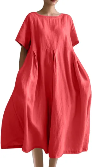 Women's Cotton Linen Maxi Dresses Plus Size Fashion Short Sleeves Crewneck Oversized Shirt Dress Beach Sundress