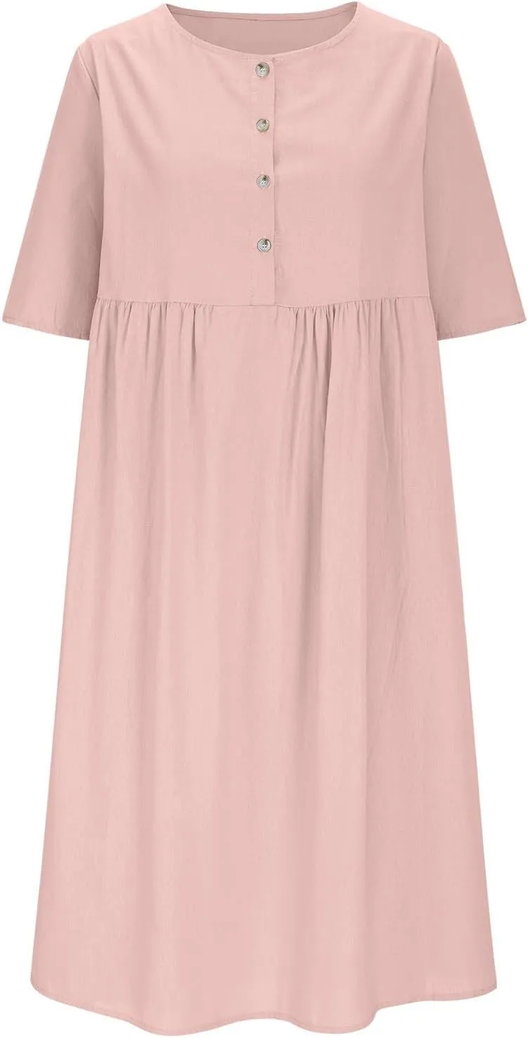 Womens Cotton Linen Midi Dress Short Sleeve Button Crewneck Dresses Summer Loose Pleated Dress Solid Travel Clothing