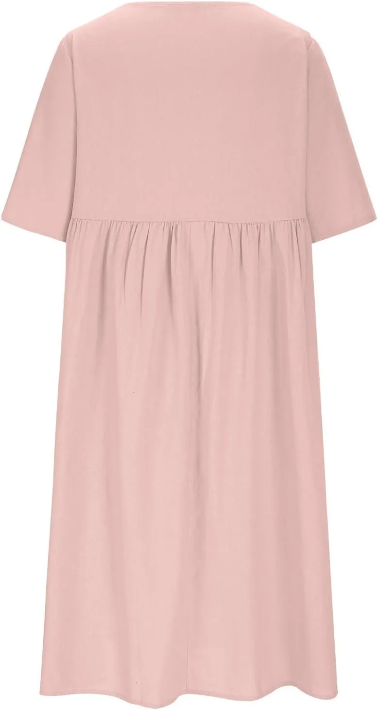Womens Cotton Linen Midi Dress Short Sleeve Button Crewneck Dresses Summer Loose Pleated Dress Solid Travel Clothing