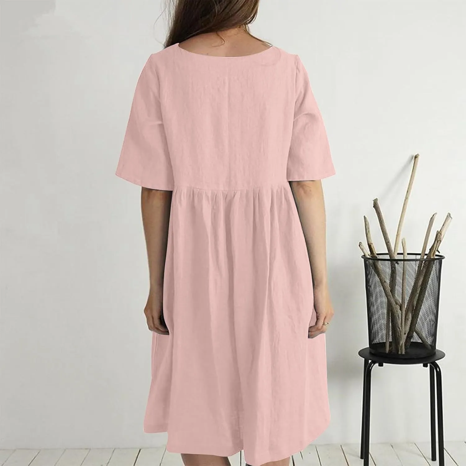Womens Cotton Linen Midi Dress Short Sleeve Button Crewneck Dresses Summer Loose Pleated Dress Solid Travel Clothing