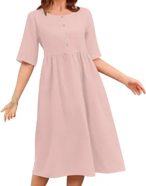 Womens Cotton Linen Midi Dress Short Sleeve Button Crewneck Dresses Summer Loose Pleated Dress Solid Travel Clothing