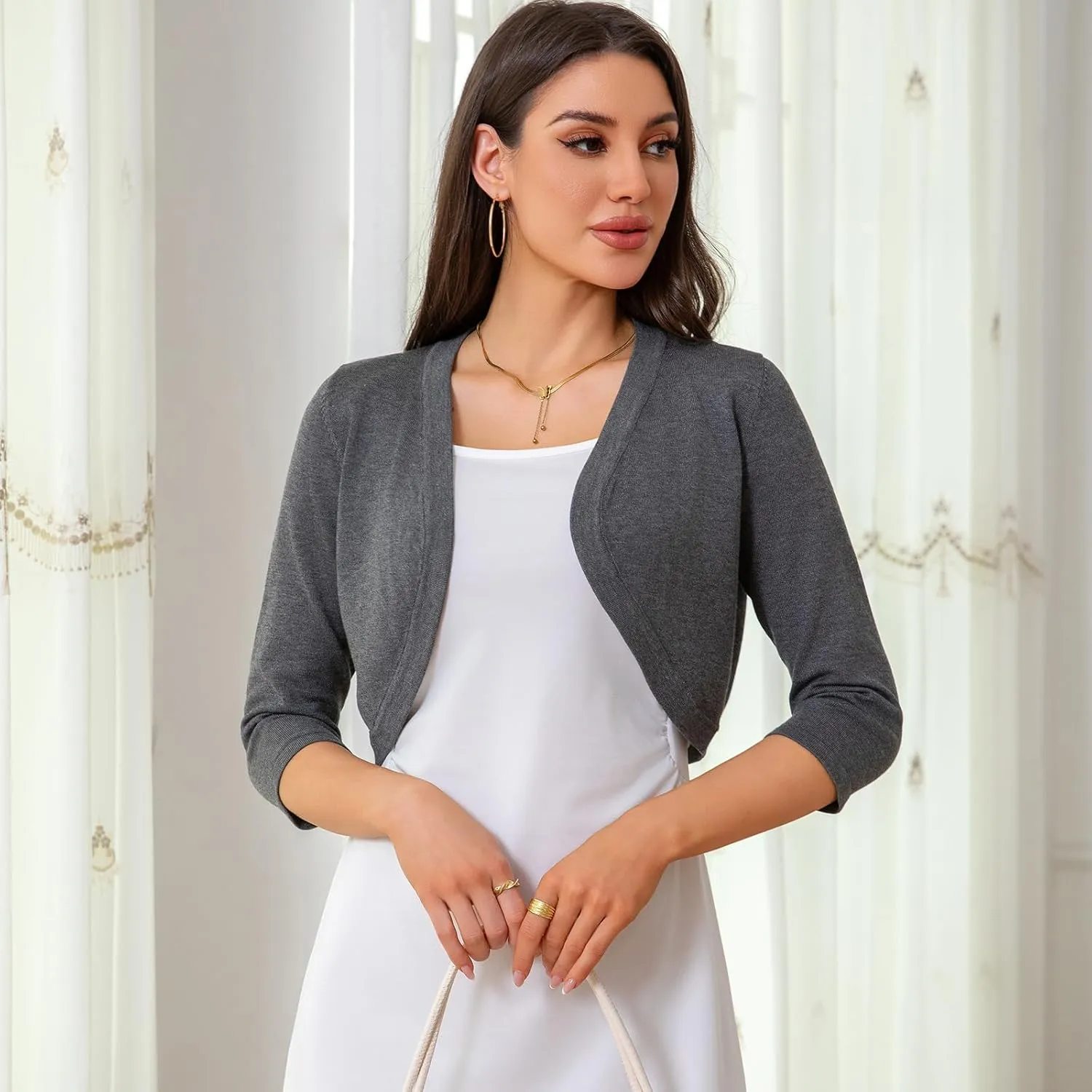 Women's Cropped 3/4 Sleeve Knit Cardigan - Open Front Bolero Shrug