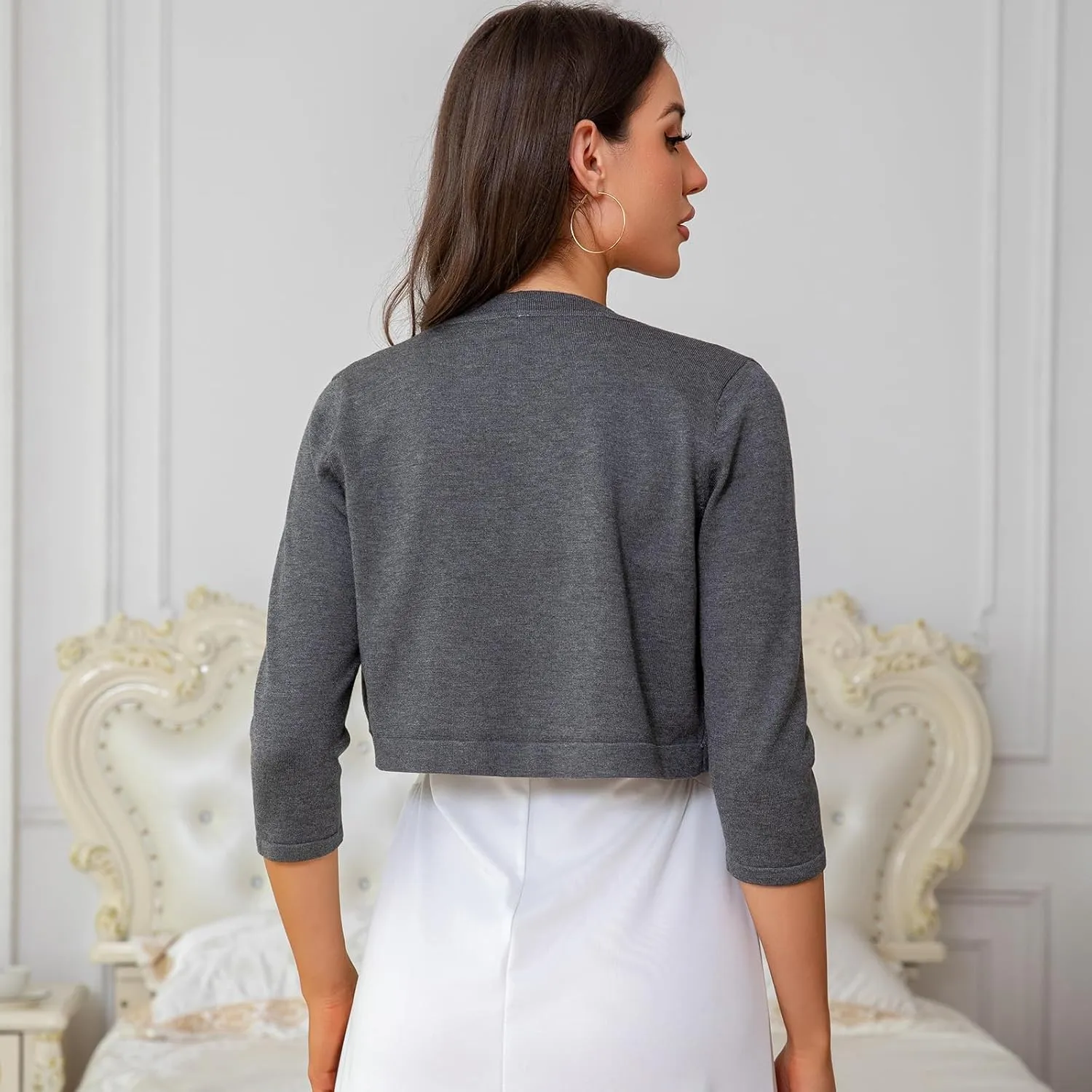 Women's Cropped 3/4 Sleeve Knit Cardigan - Open Front Bolero Shrug