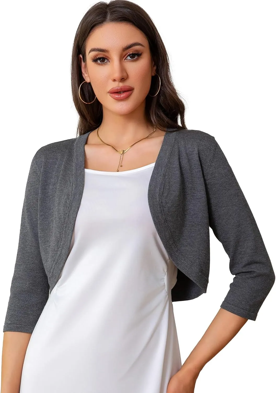 Women's Cropped 3/4 Sleeve Knit Cardigan - Open Front Bolero Shrug